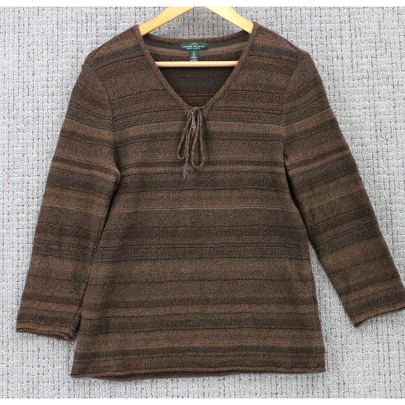 LRL Lauren Jeans Co Sweater Womens Medium M Brown Striped Long Sleeve V Neck - Picture 1 of 9